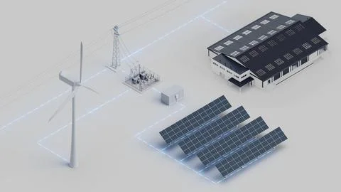 Wind Solar Grid Warehouse Connection Isometric View Stock Photos