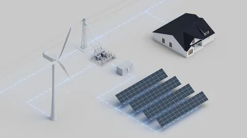 Wind Solar Home Grid Connection Isometric View Stock Photos