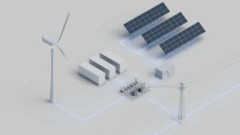 Wind Solar Storage Grid Connection Isometric View Stock Photos