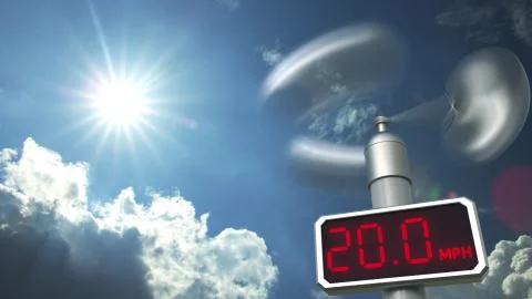 Wind speed measuring anemometer displays 20 mph. Weather forecast related 3D Illustrazione stock