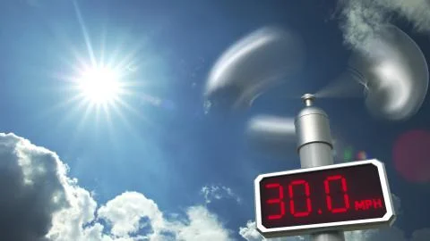 Wind speed measuring anemometer shows 30 mph. Weather forecast related 3D Illustrazione stock