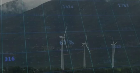 Wind spinning three turbines, sending telemetry and updating blue grid % labels Stock Footage 334116997