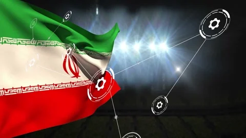 Wind starting, floodlights flaring, flag waving while HUD cogs linking to Stock-Footage 333230683