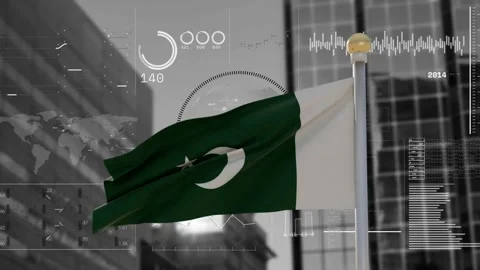 Wind starting green flag crescent-star unfolding while HUD gauge and globe Stock Footage 338356398