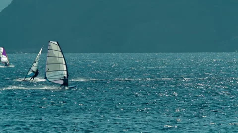 Wind surfing,surfers competing for fun in the open sea. Stock Footage 54324843