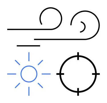 Wind swirl, sun with rays, target circle with crosshair. Ideal for weather fo Stock Illustration