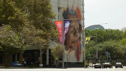 Wind in the trees and large mural of Aboriginal elder Jenny Munro 6K Stock Footage 301420611
