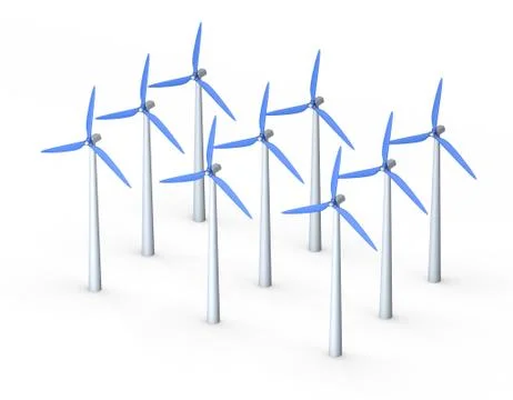 Wind turbin set.3D rendering illustration.Isometric view. Stock Illustration
