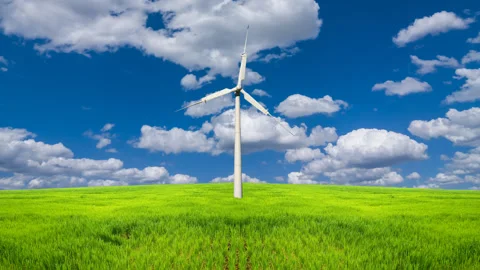 Wind turbine among a green fields time lapse scene 스톡 동영상 281655587