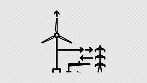 Wind Turbine and Power Grid Towers with Direction Arrows Stock-Footage 337879539