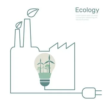 Wind turbine and tree with light bulb in line green factory, nature conserv.. Stock Illustration