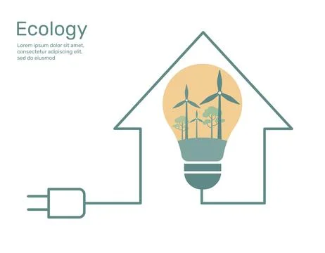 Wind turbine and tree with light bulb in line house, nature conservation co.. Stock Illustration