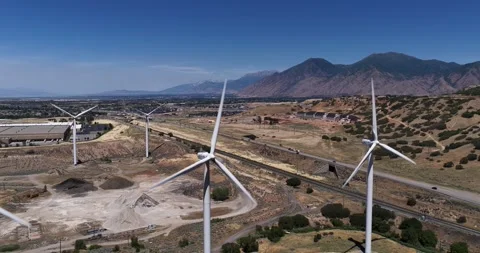 Wind turbine array generating renewable energy near Spanish Fork Utah USA Video stock 337939021