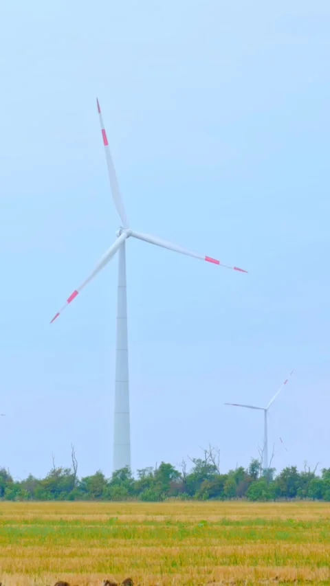 Wind turbine on the background of blue sky in summer with moving clouds Stock Footage 249941729