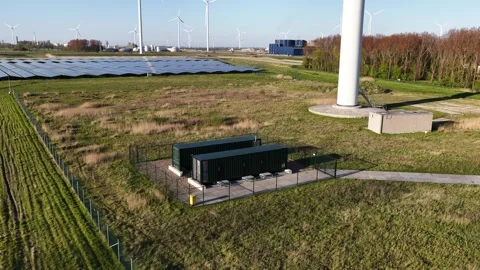 Wind turbine battery storage system for renewable energy Stock-Footage 333412344