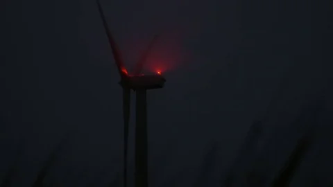 Wind Turbine Beacon Flashes Red in Mist County Fermanagh Northern Ireland Stock Footage 75751071