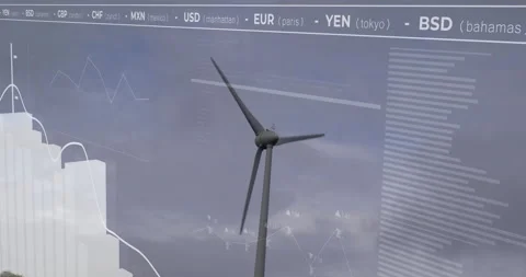 Wind turbine being animated in 3D render, with currency code header, bar chart Stock Footage 307444027