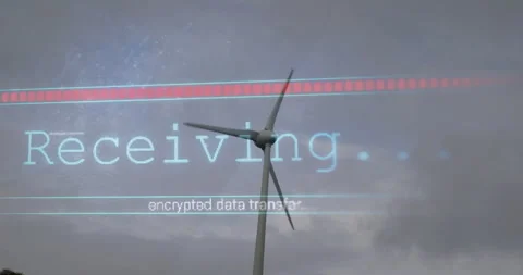 Wind turbine being visualized with encrypted data transfer overlay in 3D render Stock Footage 307443995