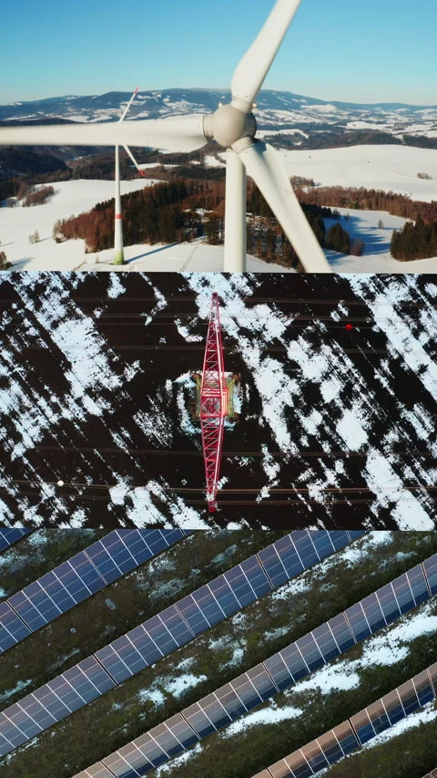 Wind turbine blade, power lines and solar farm winter montage Stock Footage 343107934