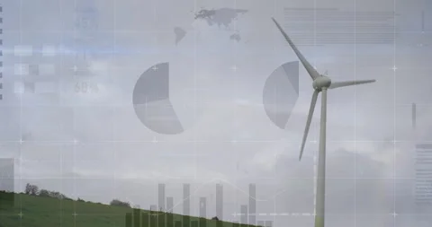 Wind turbine blades rotating driven by wind while data overlays updating to Stock Footage 309720936