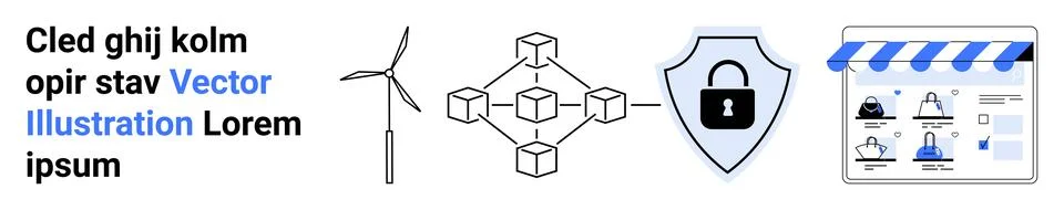 Wind turbine, blockchain network, security shield, online store interface. Id イラスト素材