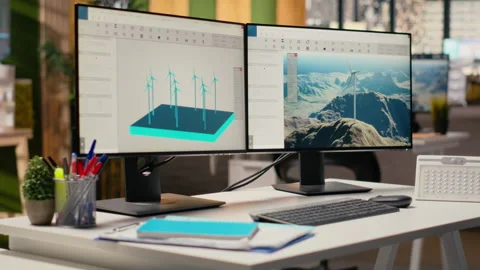 Wind turbine CAD design software used for sustainable energy research Stock Footage 315613361