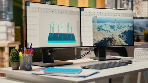 Wind turbine CAD design software used for sustainable energy research 스톡 사진