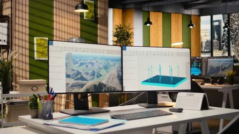 Wind turbine CAD design software used for sustainable energy research Stock Photos