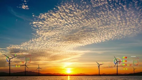 Wind turbine with cloud sky time lapse in sun set. Stock Footage 113801107