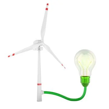 Wind turbine connected to glowing light bulb by green cable, renewable elec.. Stock Illustration