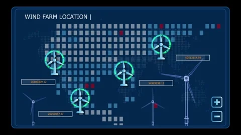 Wind turbine energy dashboard displaying animated power generation values, elect Stock Footage 344583174