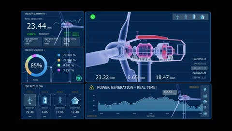 Wind turbine energy dashboard displaying animated power generation values, elect Stock Footage 344583180
