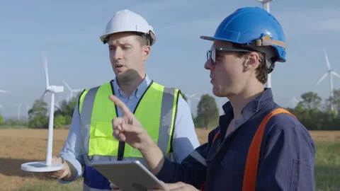 Wind Turbine Engineer Using Tablet for Renewable Energy Maintenance Stock Footage 347054174