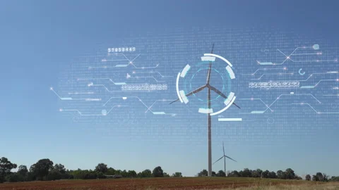 A wind turbine with environment ecology sign hologram sustainable clean energy. Stock Footage 224622453