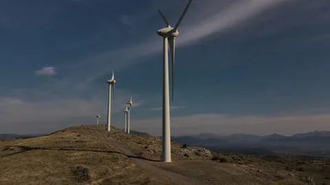 Wind Turbine Farm clean renewable energy green power hybrid aerial footage Vidéo 346485104