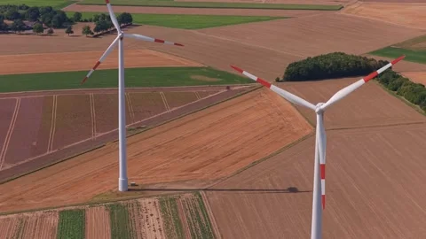 Wind turbine farm generating renewable energy aerial view Stockbeeldmateriaal 342810708