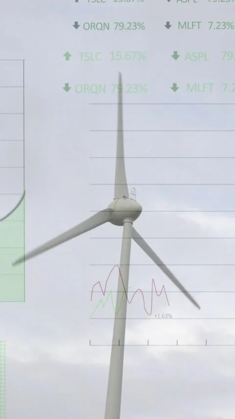 Wind turbine with financial data processing animation over cloudy sky background Stock Footage 344766305