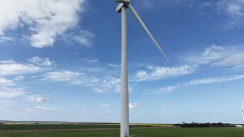 Wind turbine generating renewable energy on a green field Stock Footage 345233678