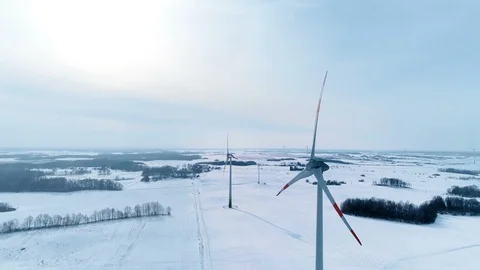 Wind Turbine Generators on Bright Winter Day, Aerial View Stock Footage 86698424