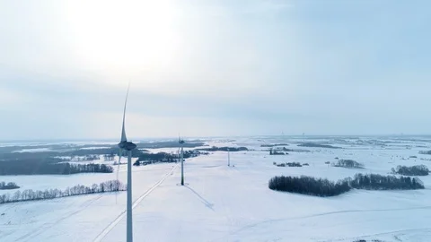 Wind Turbine Generators at Winter Time, Aerial Timelapse Stock Footage 86698129