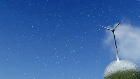 Wind turbine on grass sphere shape with moving clouds and snowing Stock Footage 225658823