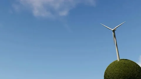 Wind turbine on grass sphere shape with moving clouds Stock Footage 225658844
