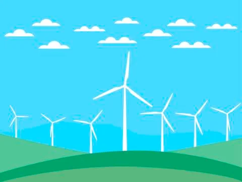 Wind turbine on green fields in a flat style. Renewable energy. Vector illust Stock Illustration
