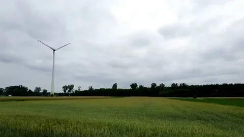 Wind turbine in green wheat fields over cloudy sky Stock Footage 133421529