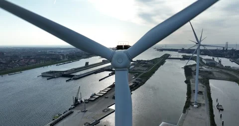 Wind turbine at the Ijmuiden lock complex. Aerial view. 動画素材 305789481