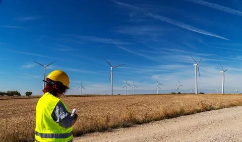 Wind turbine inspector observing wind farm on a clear day Stock Photos