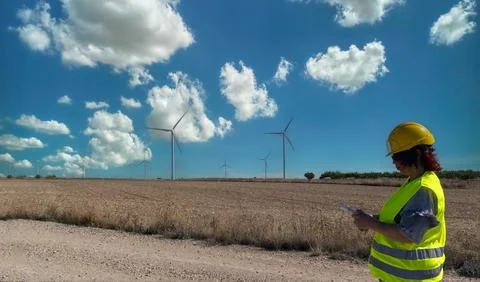 Wind turbine inspector working at a wind farm with scattered clouds. Stock Photos