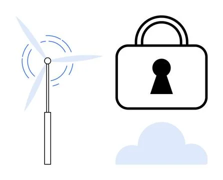 Wind turbine in motion, security lock, and a cloud below. Ideal for sustainab Stock Illustration
