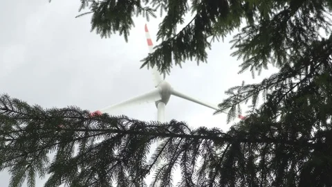 Wind turbine in motion view through the trees Video stock 77539223