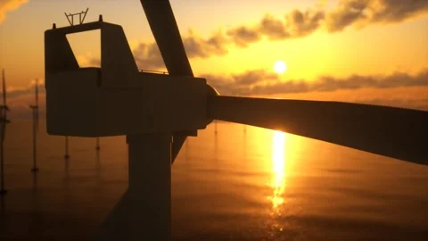Wind turbine in the ocean at sunset. 3D animation Stock Footage 260301307